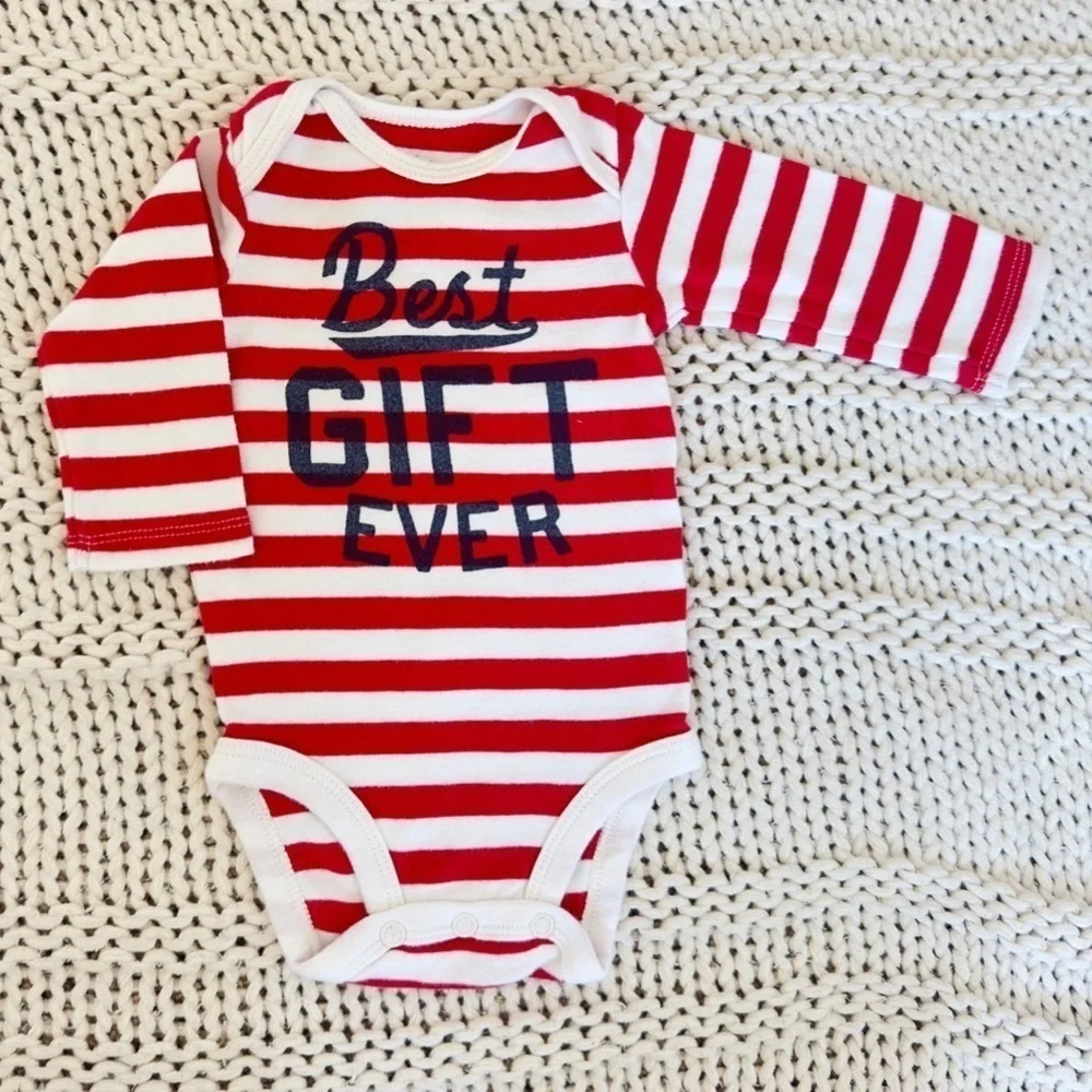 Baby B'Gosh Best Gift Ever Red & White Stripped 100% Cotton Onesie Size 3 Months